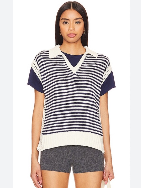 Sonoma Sweaters - Sonoma Navy and White Striped V-Neck Sleeveless Sweater Vest